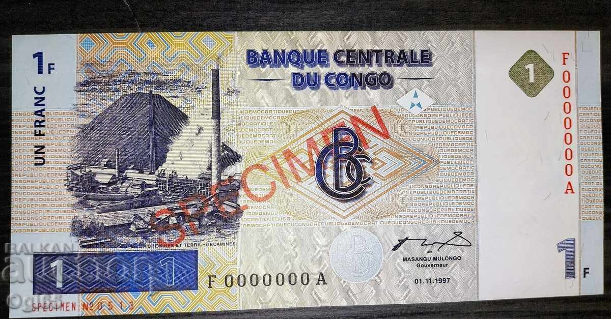SPECIMEN. UNC. Bancnotă din Congo 1 Franc 1997