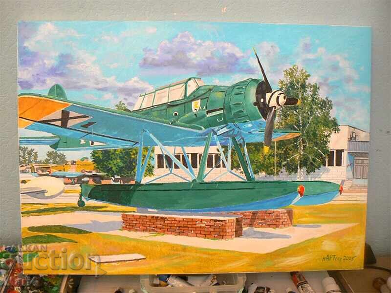 Pictură în ulei cu avion Arado 196. Artă aviatică. 50x70