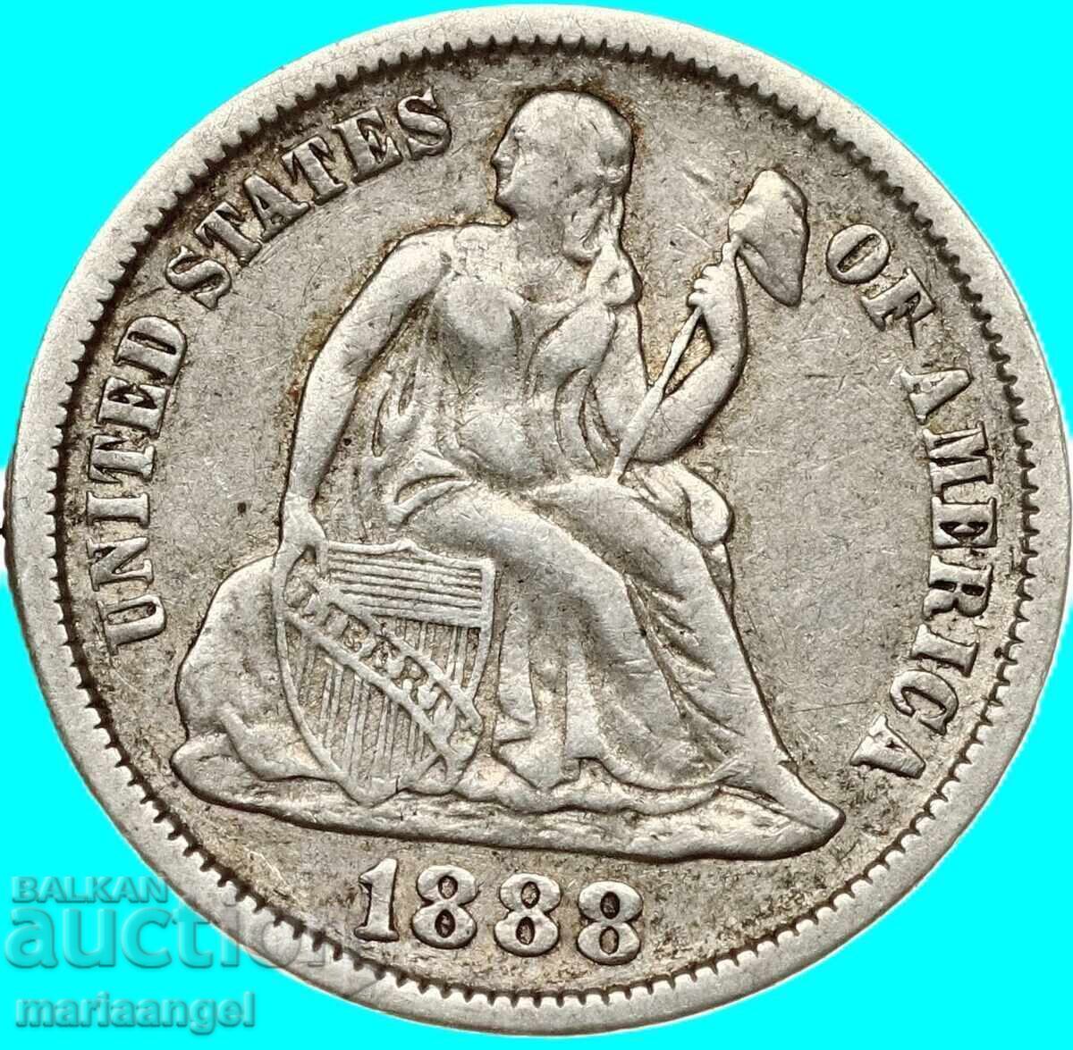 1 daĭm 1888 SASHT 10 tsenta Liberti srebro