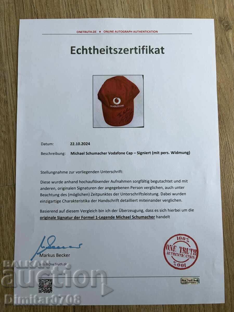 Originalen avtograf na Mihael Shumaher vyrhu shapka Sertifikat - 5