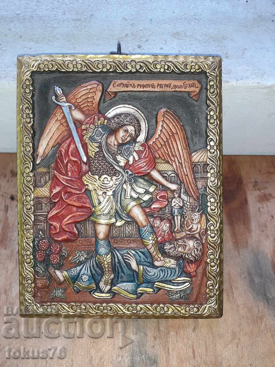 Δημοπρασία Υπέροχη έγχρωμη ανάγλυφη εικόνα του Αγίου Αρχαγγέλου Μιχαήλ