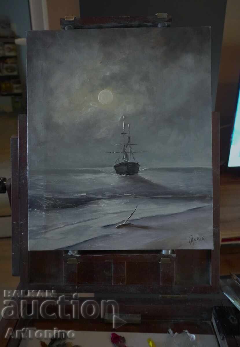 Аукцион Маслена картина-Масло-Платно-Морски пейзаж-Кораб-А. Йорданов