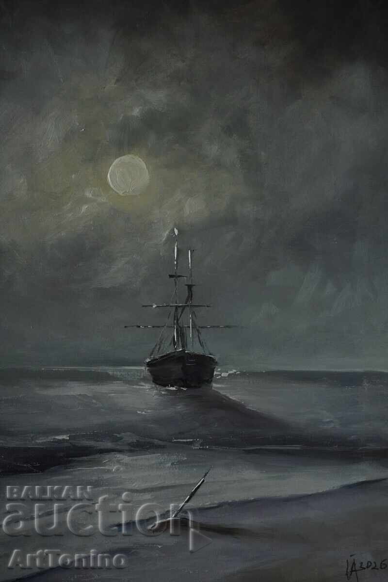 Маслена картина-Масло-Платно-Морски пейзаж-Кораб-А. Йорданов