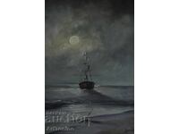 Pictură în ulei-Ulei-Pânză-Peisaj marin-Navă-A. Yordanov