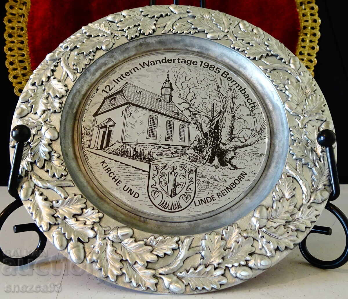 Auction  Pewter plate, church, acorns, tin wedding