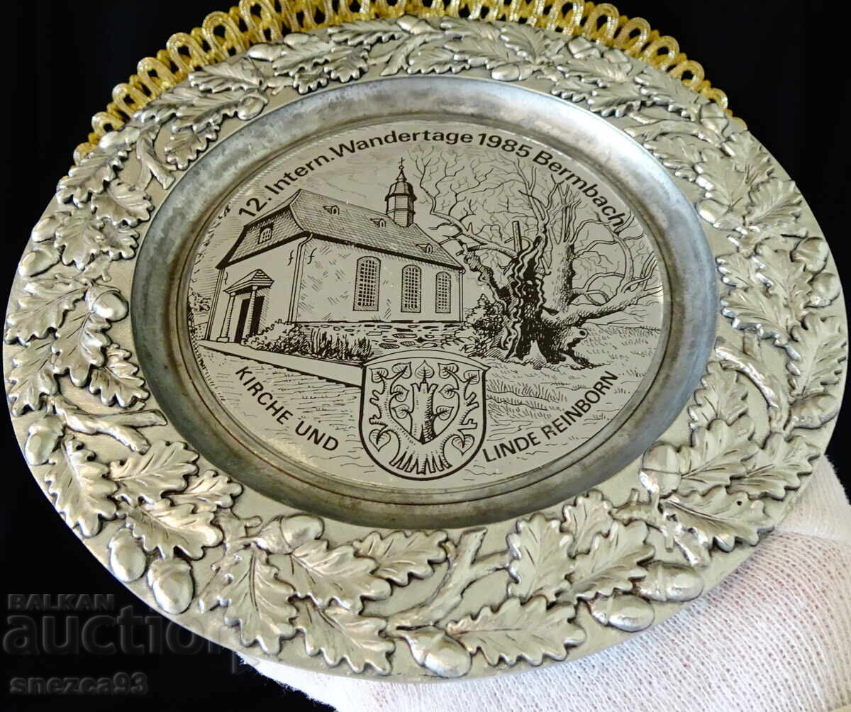 Pewter plate, church, acorns, tin wedding - 7