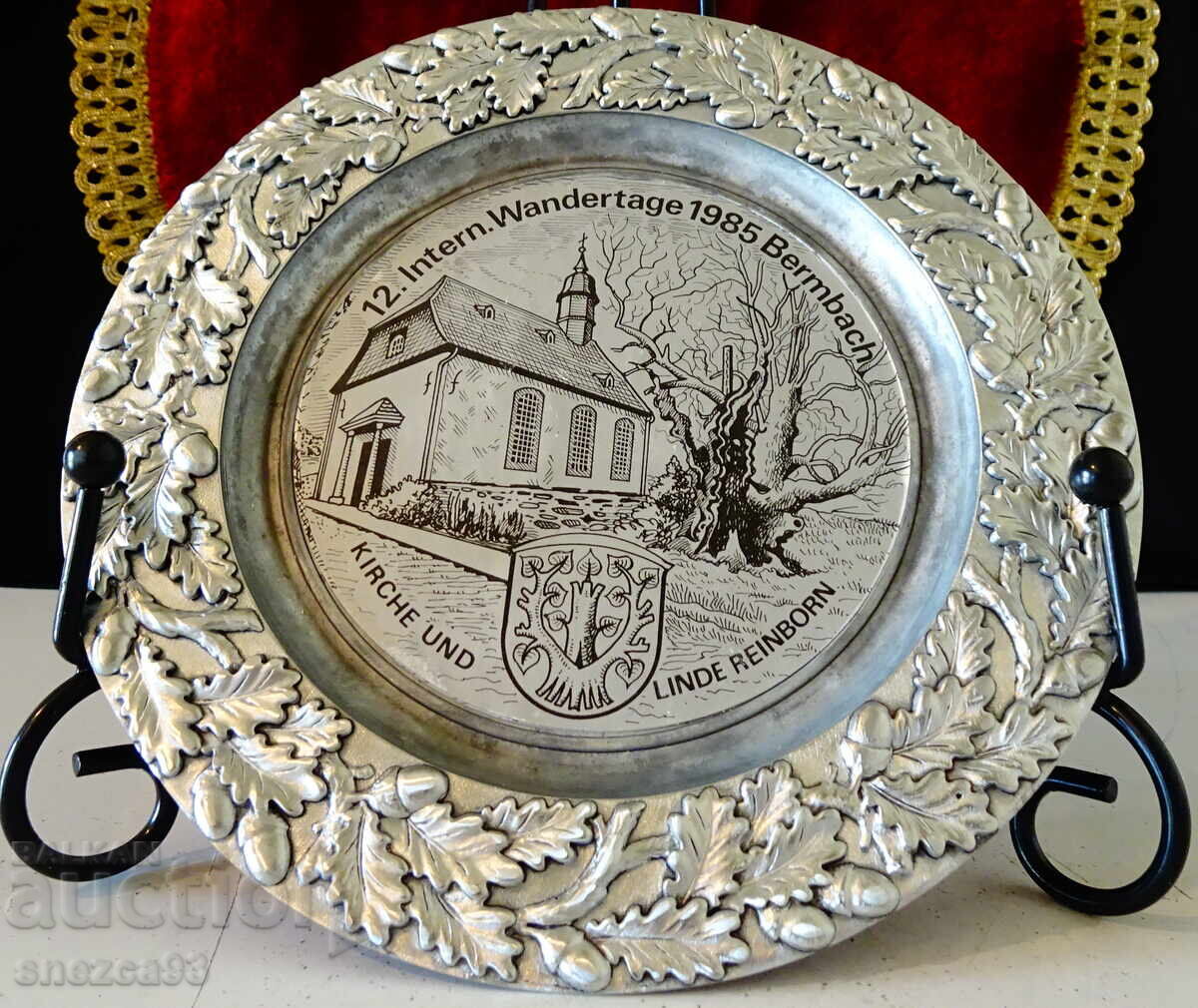 Pewter plate, church, acorns, tin wedding