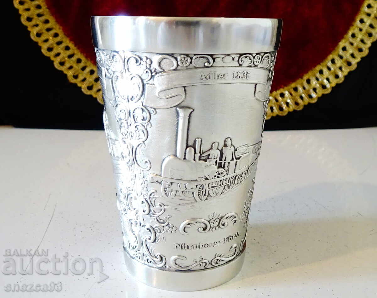 Pewter wine goblet, train, railway