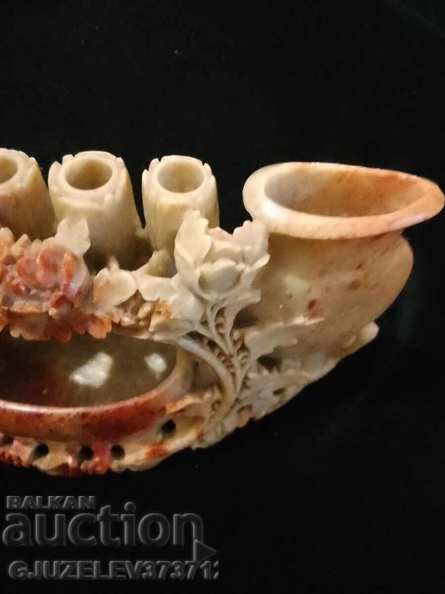 Auction  Hand-carved soapstone figurine vase floral motifs