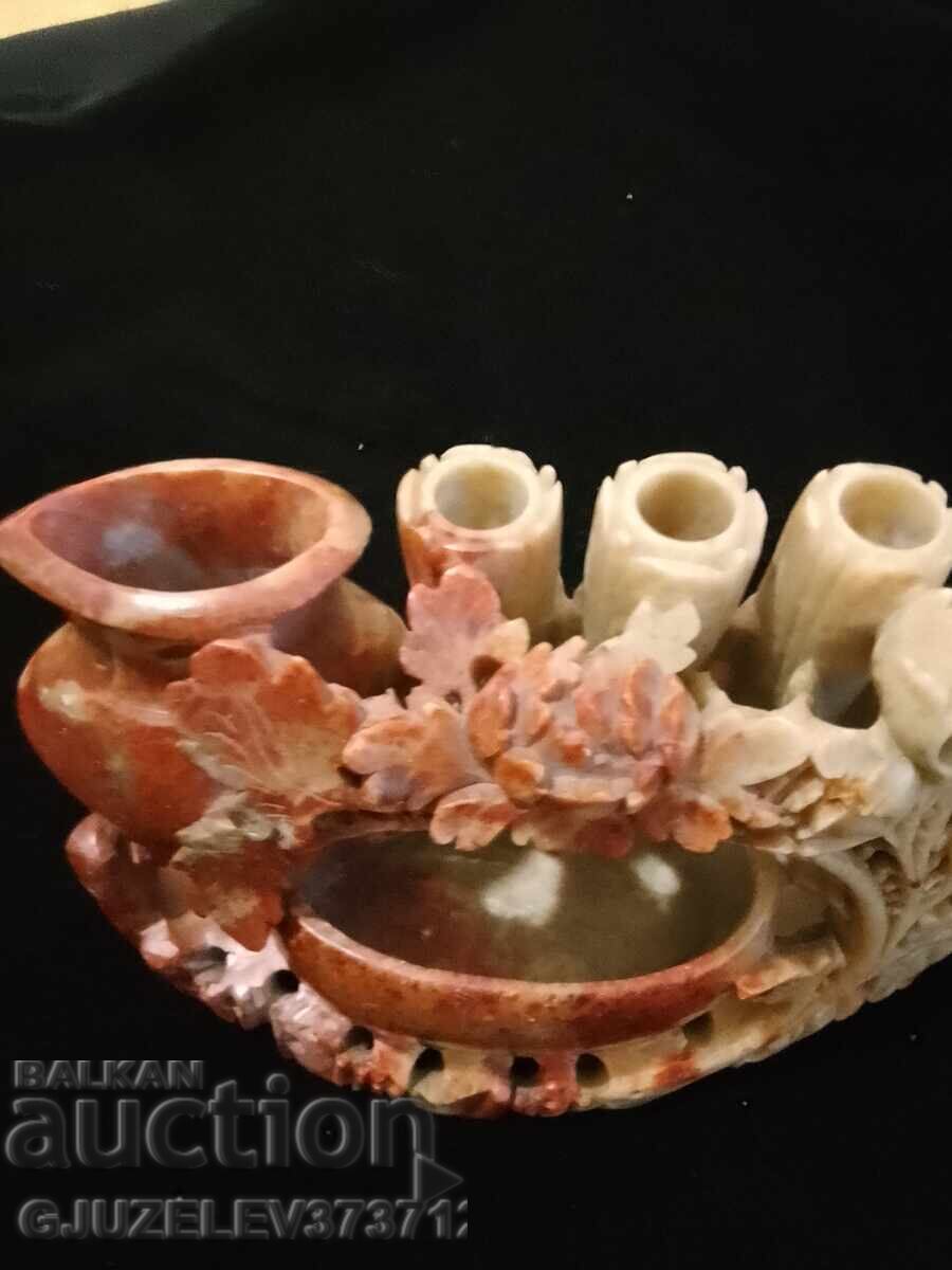 Hand-carved soapstone figurine vase floral motifs - 6