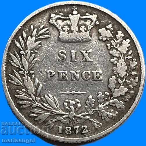 Marea Britanie 6 Pence 1872 Young Victoria Silver - 7