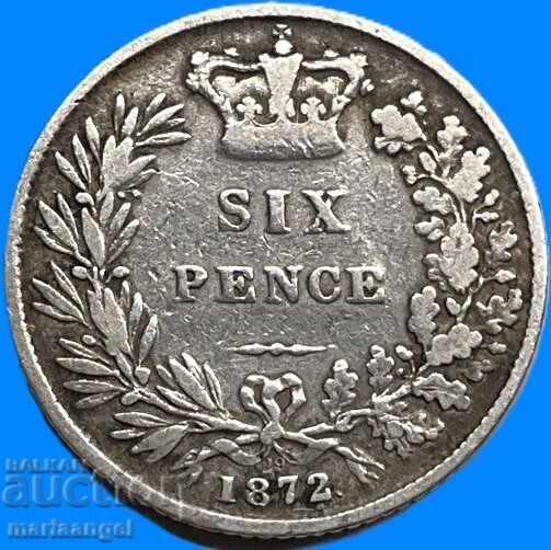 Великобритания 6 пенса 1872 млада Виктория сребро - 7