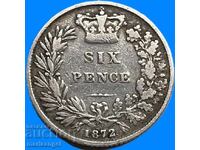 Marea Britanie 6 Pence 1872 Young Victoria Silver
