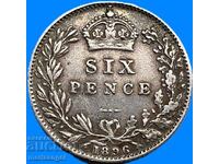Marea Britanie 6 Pence 1896 Victoria Silver - Rar