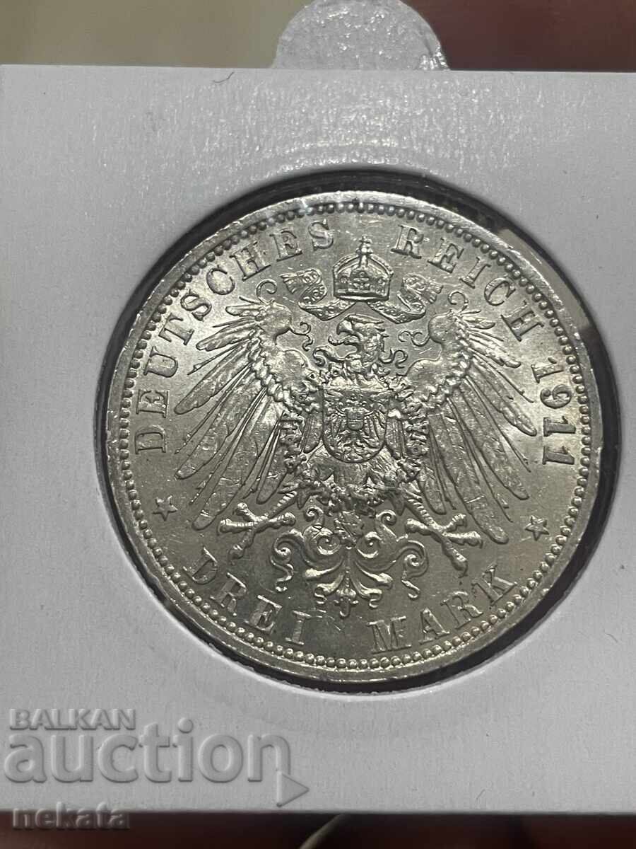 Германска империя - Прусия, 3 марки 1911 г. Вилхелм II с цена € 55.00 | 107.57 лв.