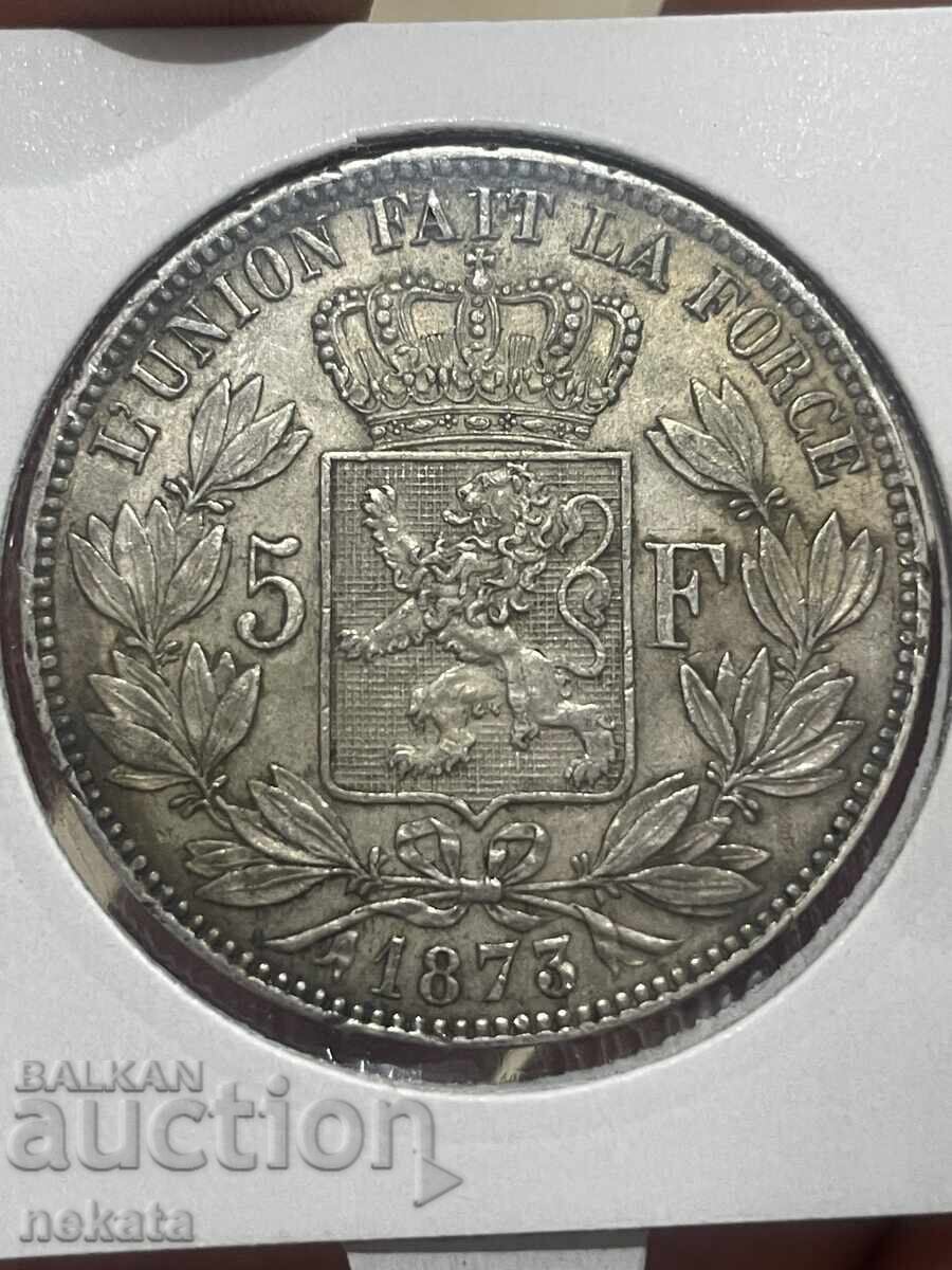 Licitație Belgia 5 franci, 1873, Regele Leopold al II-lea