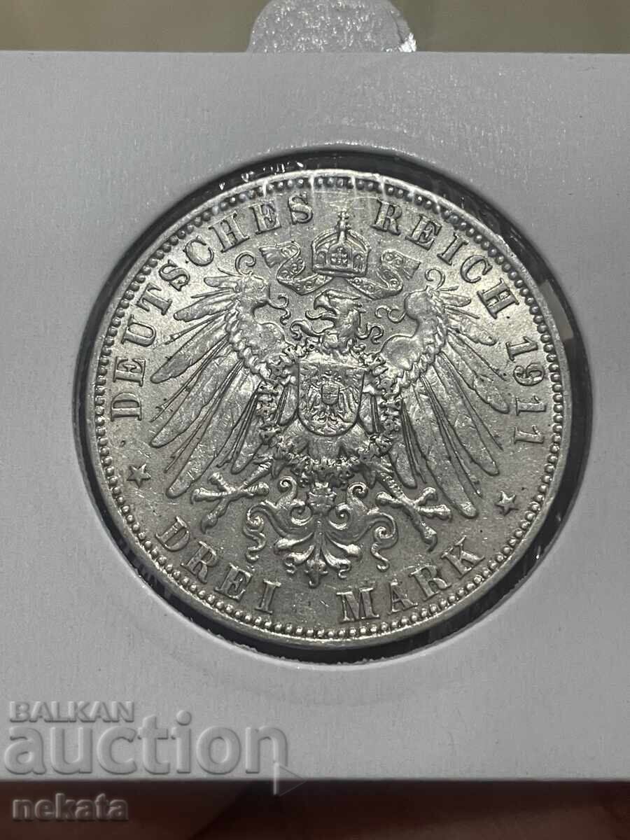 Imperiul German, Saxonia, 3 mărci, 1911 cu preț € 60.00 | 117.35 BGN