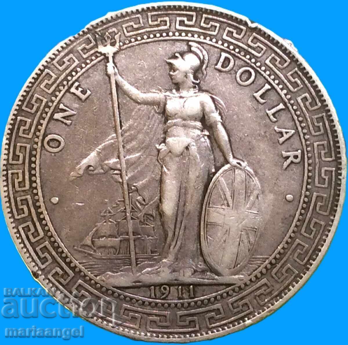 Khong Kong 1 Dolar 1911 Dolar Comercial Marea Britanie argint