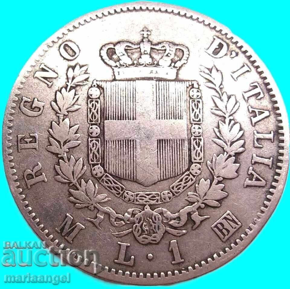 Italia 1 lira Stema 1863 M - argint Milano cu preț € 19.00 | 37.16 BGN
