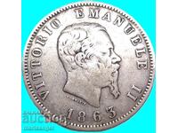 Италия 1 лира  Герб 1863 М - Милан  сребро