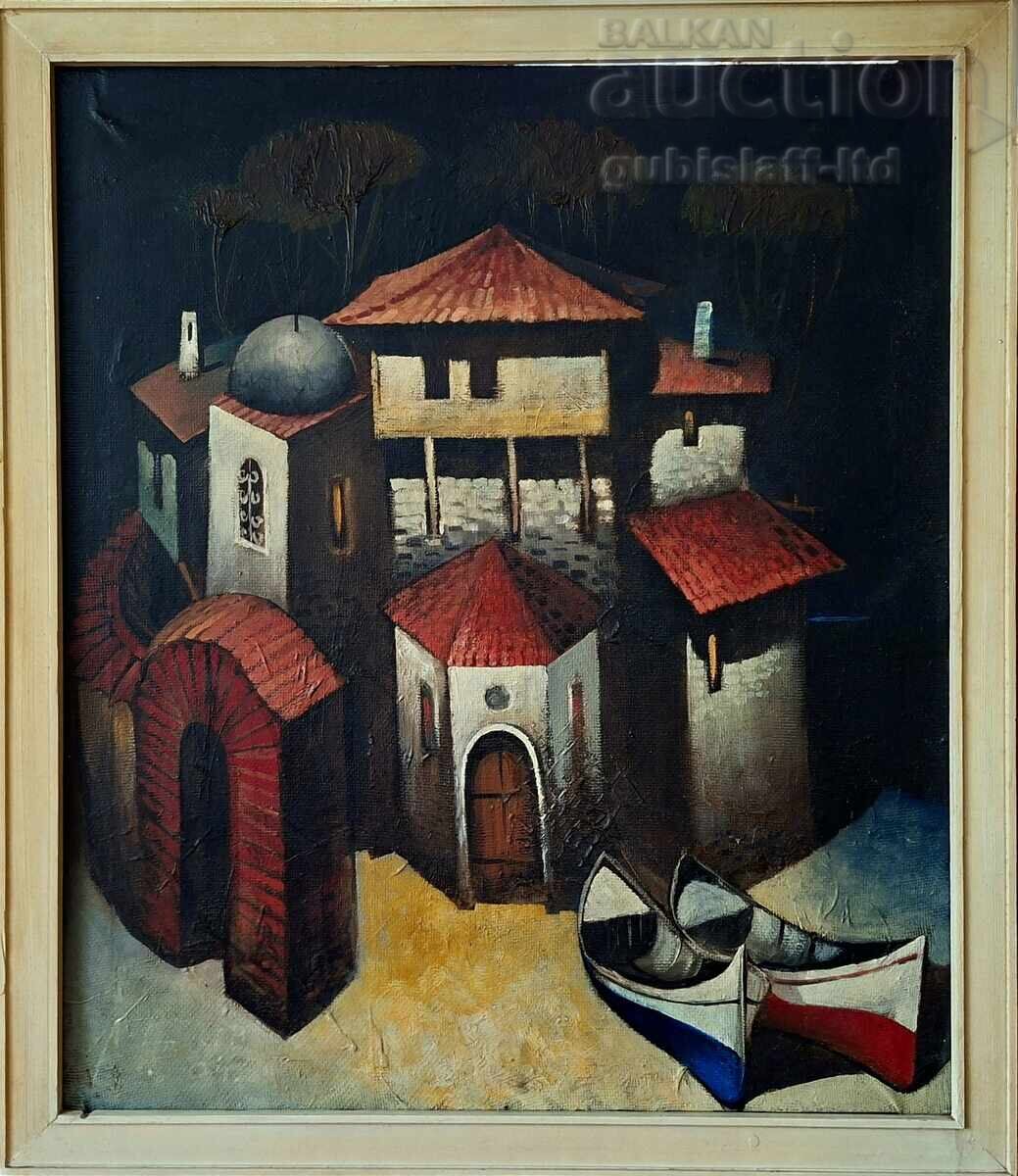 Painting, landscape, boats, unidentified author, 1991