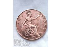 Antique Bronze English Coin ONE PENNY 1912 MS 63