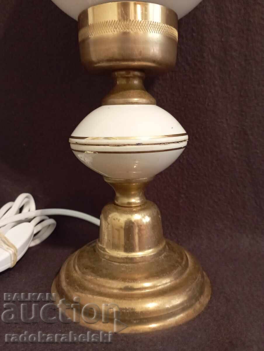 Auction  Two brass and porcelain lamps with white glass shades