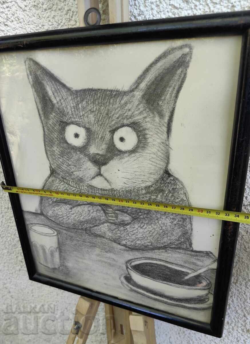 Licitație REPRODUCERE PISICĂ SUPĂRATĂ TABLOU DESEN GRAFICĂ RAMĂ