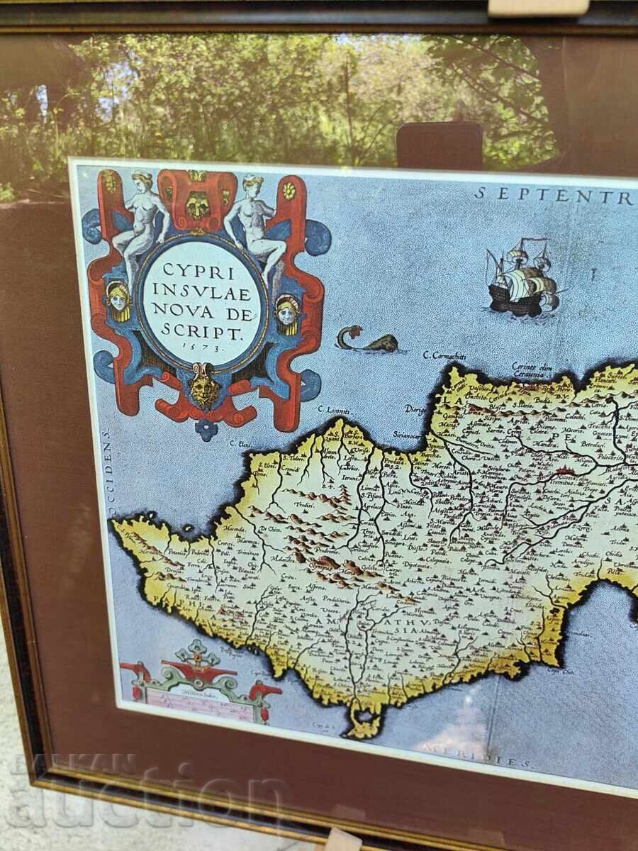 Licitație REPRODUCERE MARE A UNEI PICTURI MEDIEVALE HARTĂ CIPRU RAMĂ
