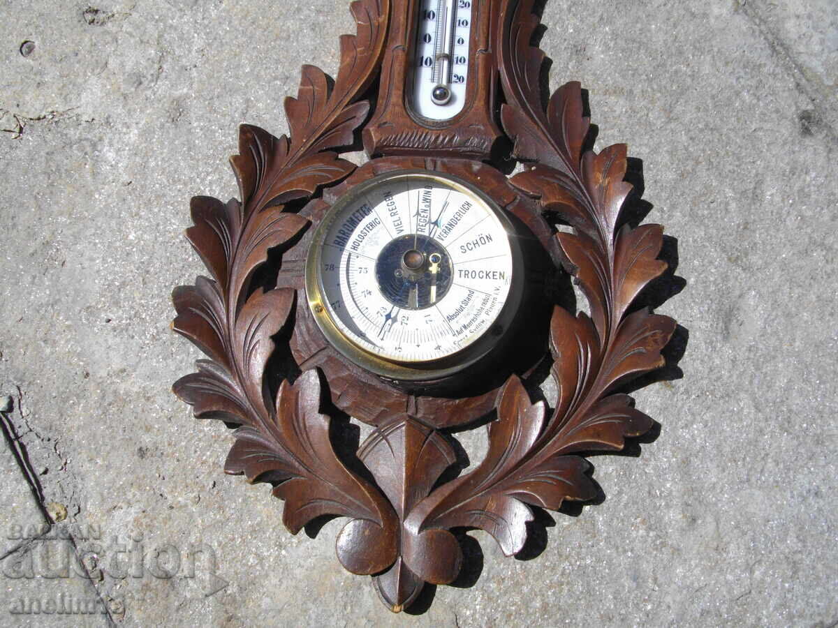 Auction  OLD BAROMETER THERMOMETER BLACKWALD WOOD CARVING