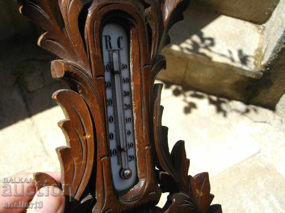 OLD BAROMETER THERMOMETER BLACKWALD WOOD CARVING - 6