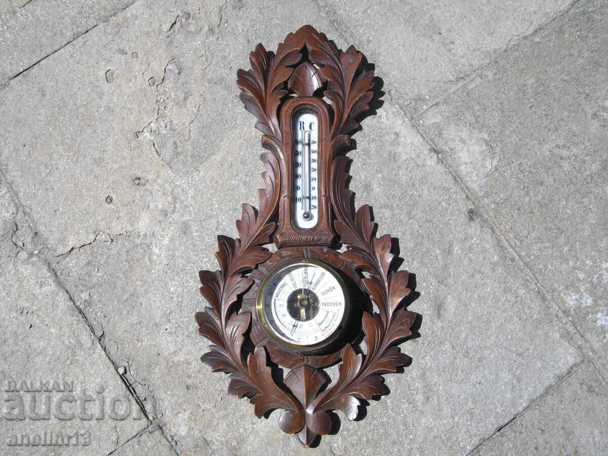 OLD BAROMETER THERMOMETER BLACKWALD WOOD CARVING