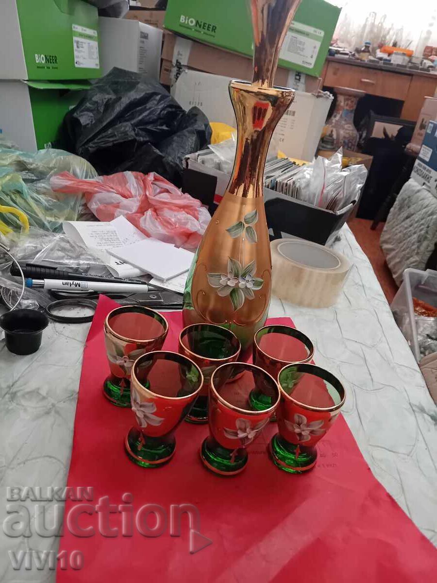 Serviciu antic, sticlă și 6 pahare Bohemia