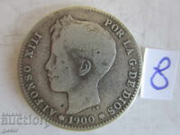 ❌Spania/1 pesetă 1900/Nr. 8/argint 0.835/ORIGINAL❌