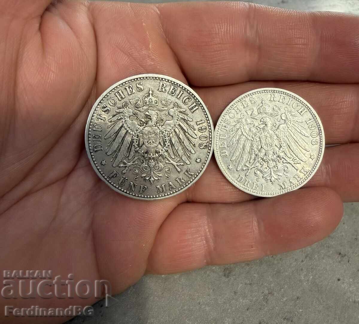 Licitație Set de 5 și 3 mărci 1908. Bavaria. OTTO!