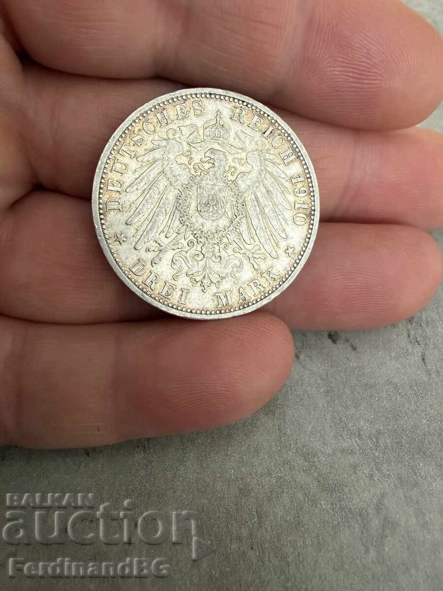 Silver coin 3 Marks 1910 Letter G - 5