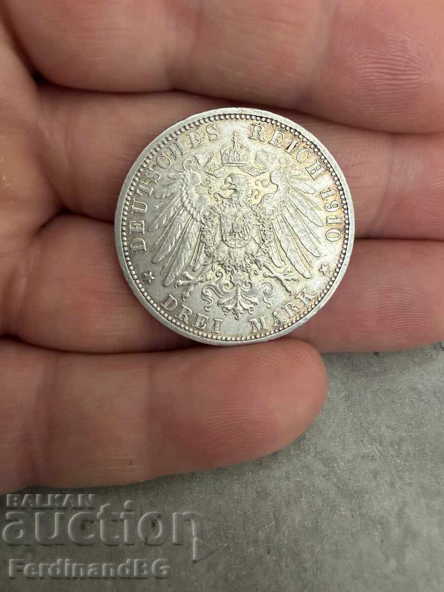 Silver coin 3 Marks 1910 Letter G - 6