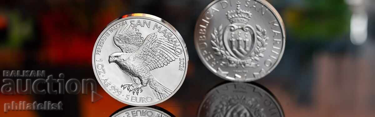 Licitație San Marino 2026 – 5 euro – Șoim – 1 OZ Monedă de argint BU
