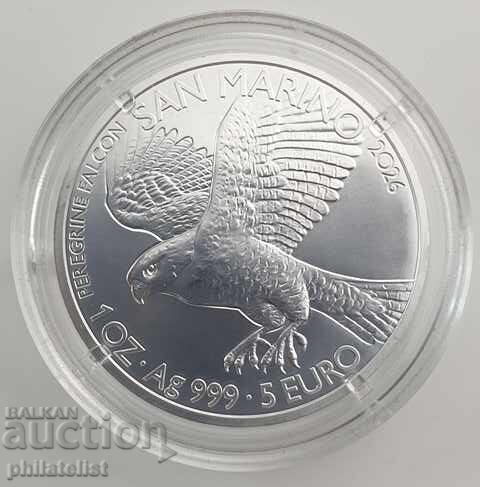 Livrarea San Marino 2026 – 5 euro – Șoim – 1 OZ Monedă de argint BU