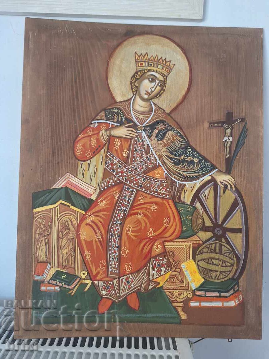 Icoană cu Sfânta Ecaterina pictată pe lemn vechi