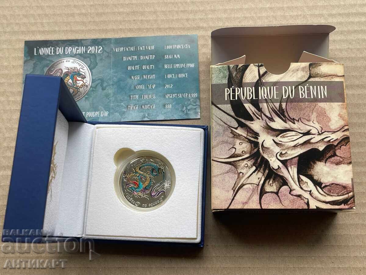 1000 φράγκα 2012 Μπενίν 1 oz ασήμι Έτος του Δράκου - 888 τεμάχια