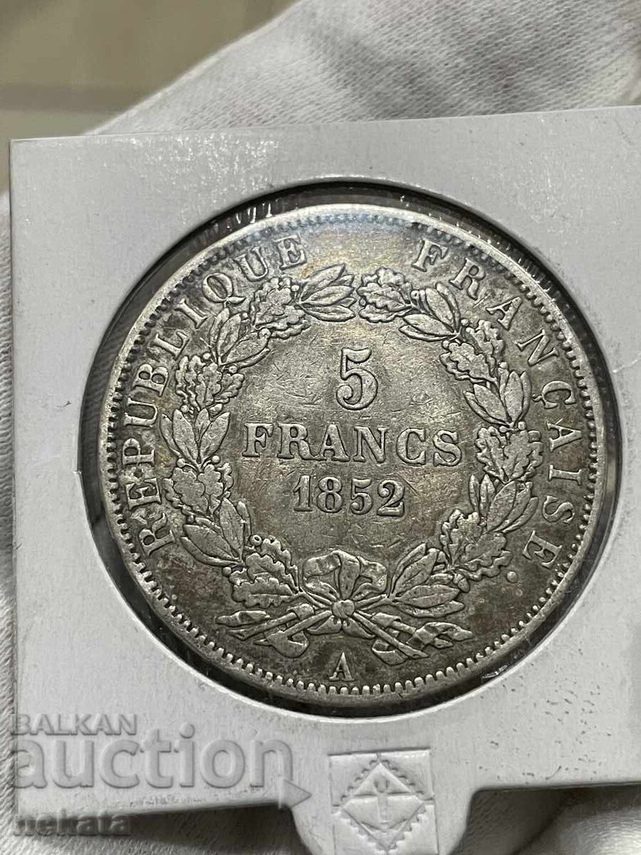 Licitație Franța 5 franci, 1852. Împăratul Napoleon al III-lea