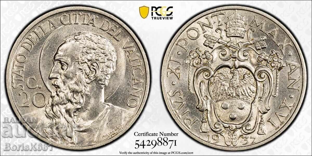 Licitație Vatican 20 centesimi 1937 MS64 trueview
