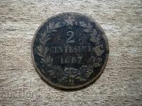 Italia - 2 centesimi (1867) - Marcaj monetărie 'M' - Milano