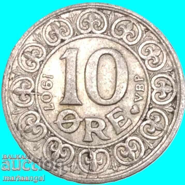 Danemarca 10 Øre 1907 rege Frederik al VIII-lea argint