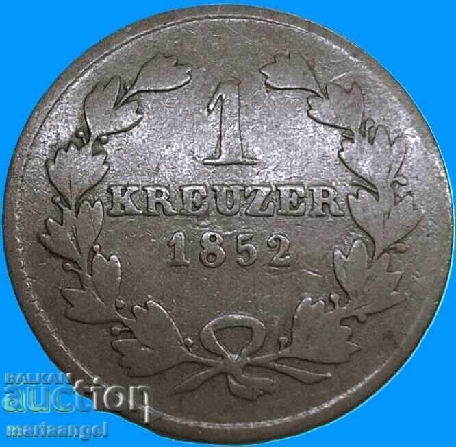 1 Kreuzer 1852 Baden Germany Grand Duke Leopold - 6