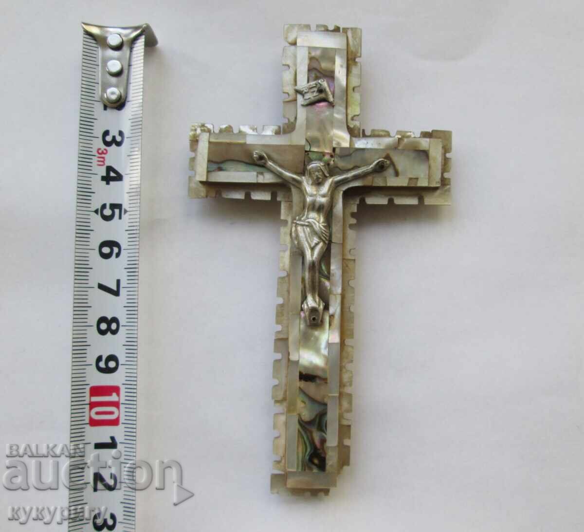 Antique mother-of-pearl wooden cross mother-of-pearl crucifix Jerusalem Holy Sepulchre - 7