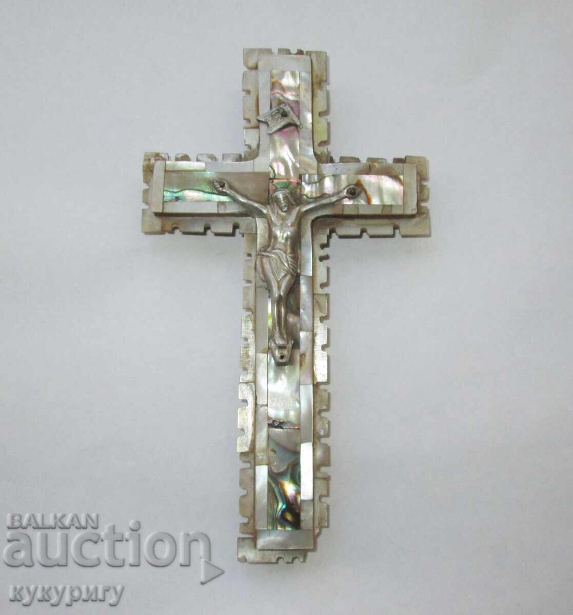 Antique mother-of-pearl wooden cross mother-of-pearl crucifix Jerusalem Holy Sepulchre