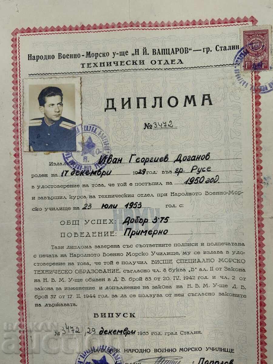 DIPLOMĂ RÂNDUL 1953 ȘCOALA NAVALĂ STALIN VARNA cu preț € 25.00 | 48.90 BGN