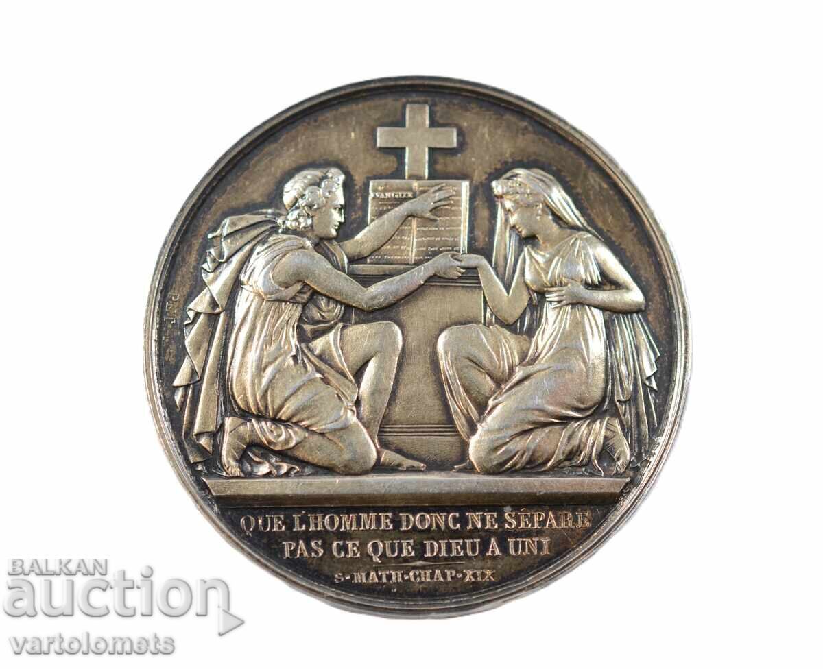 Medalie franceză de nuntă din argint - plachetă din secolul al XIX-lea, 1868